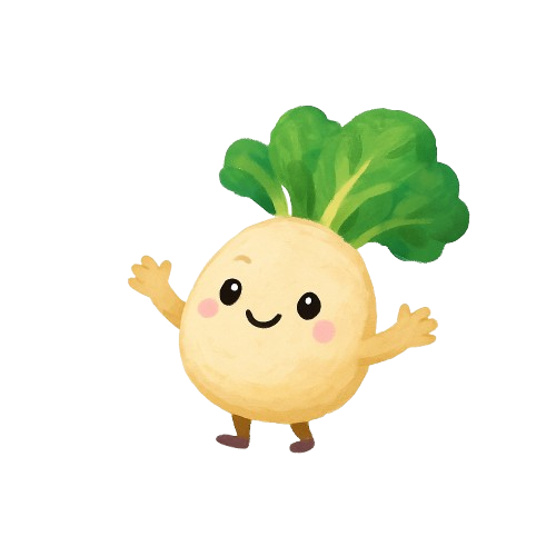 Adorable cartoon turnip character with cream-colored body, bright green leafy top, cheerful smile, rosy cheeks, and welcoming outstretched arms