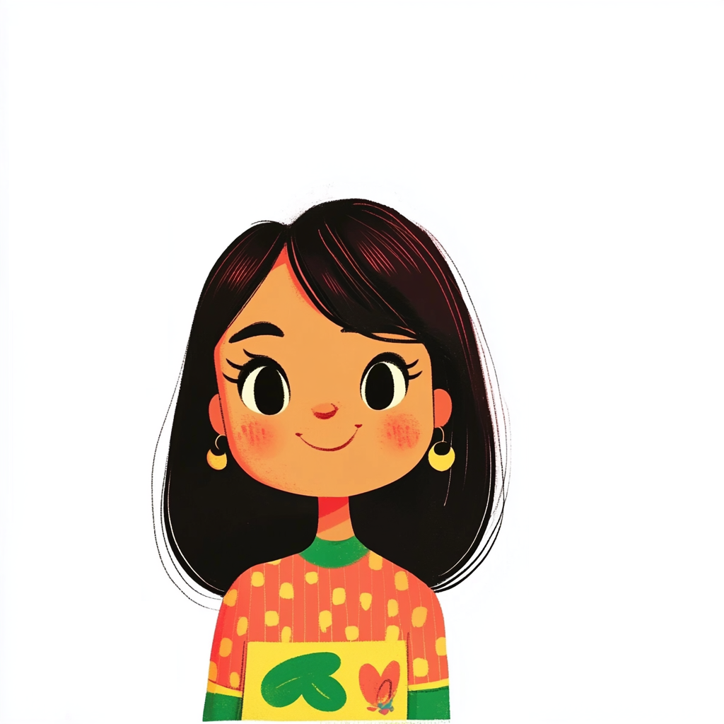 Friendly cartoon illustration of a mom with dark hair wearing a colorful sweater