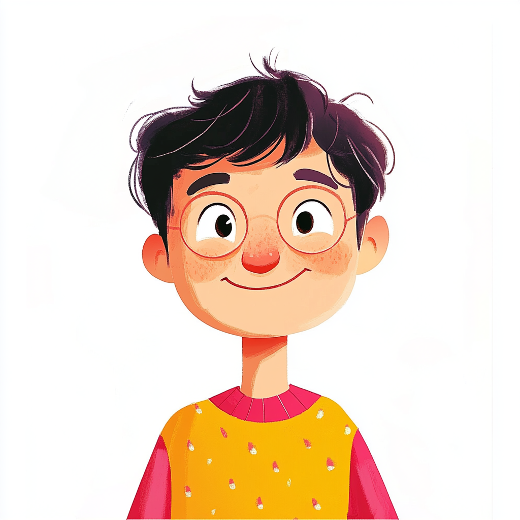 Friendly cartoon illustration of a dad with dark wavy hair, glasses, wearing a yellow sweater